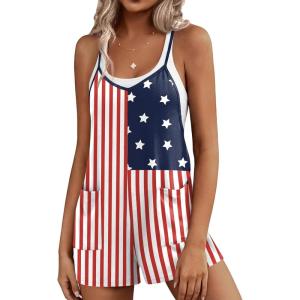 Ekouaer Rompers for Women Summer Casual Sleeveless Short Overalls Boho Spaghetti Strap Shorts Jumpsuit with Pockets(Flag Print)