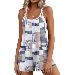 Ekouaer Rompers for Women Summer Casual Sleeveless Short Overalls Boho Spaghetti Strap Shorts Jumpsuit with Pockets(Grey Boho Print)