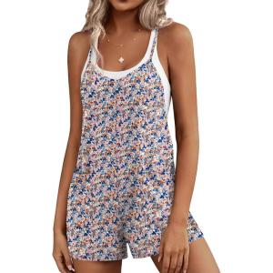 Ekouaer Rompers for Women Summer Casual Sleeveless Short Overalls Boho Spaghetti Strap Shorts Jumpsuit with Pockets(Pink Apricot Floral)