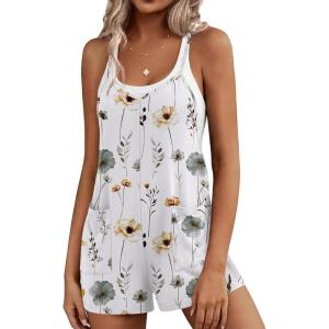 Ekouaer Rompers for Women Summer Casual Sleeveless Short Overalls Boho Spaghetti Strap Shorts Jumpsuit with Pockets(White Grey Floral)