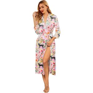 Ekouaer Silk Robes for Women Long Satin Bride Bridesmaid Wedding Party Robes Lightweight Sexy Sleepwear with Pockets(Pink Animal)