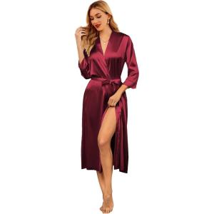 Ekouaer Silk Robes for Women Long Satin Bride Bridesmaid Wedding Party Robes Lightweight Sexy Sleepwear with Pockets(Wine Red)