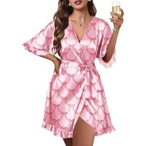 Ekouaer Silk Robes for Women Short Lightweight Bathrobe Ruffled Satin Kimono Robes Sexy Bride Bridesmaid Sleepwear(Bow Pink)