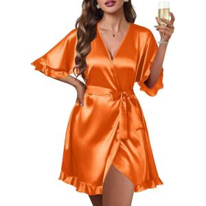 Ekouaer Silk Robes for Women Short Lightweight Bathrobe Ruffled Satin Kimono Robes Sexy Bride Bridesmaid Sleepwear(Orange)