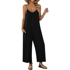 Ekouaer Wide Leg Jumpsuits for Women Casual Overalls Sleeveless Vacation Outfits One Piece Boho Printed Romper with Pocket(Black)