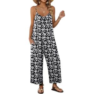 Ekouaer Wide Leg Jumpsuits for Women Casual Overalls Sleeveless Vacation Outfits One Piece Boho Printed Romper with Pocket(Floral Black)