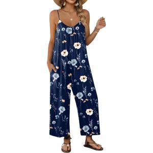 Ekouaer Wide Leg Jumpsuits for Women Casual Overalls Sleeveless Vacation Outfits One Piece Boho Printed Romper with Pocket(Floral Navy Blue)