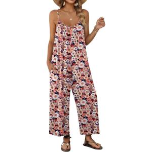 Ekouaer Wide Leg Jumpsuits for Women Casual Overalls Sleeveless Vacation Outfits One Piece Boho Printed Romper with Pocket(Floral Print 2)