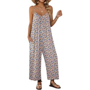 Ekouaer Wide Leg Jumpsuits for Women Casual Overalls Sleeveless Vacation Outfits One Piece Boho Printed Romper with Pocket(Floral Print 3)