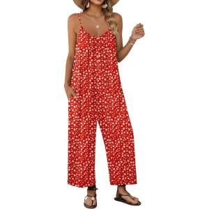 Ekouaer Wide Leg Jumpsuits for Women Casual Overalls Sleeveless Vacation Outfits One Piece Boho Printed Romper with Pocket(Floral Red)