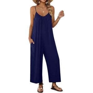 Ekouaer Wide Leg Jumpsuits for Women Casual Overalls Sleeveless Vacation Outfits One Piece Boho Printed Romper with Pocket(Navy Blue)