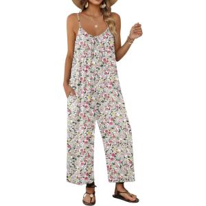 Ekouaer Wide Leg Jumpsuits for Women Casual Overalls Sleeveless Vacation Outfits One Piece Boho Printed Romper with Pocket(White Print 2)