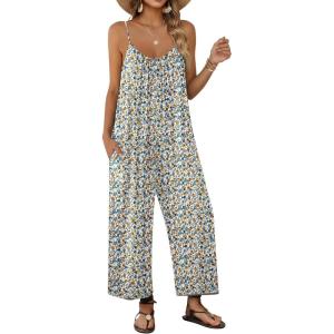 Ekouaer Wide Leg Jumpsuits for Women Casual Overalls Sleeveless Vacation Outfits One Piece Boho Printed Romper with Pocket(White Print)