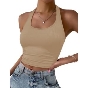 Ekouaer Women Halter Top Backless Scroop Neck Slim Stretchy Ribbed Knit Camisole Crop Tops S-XXL(Beige)