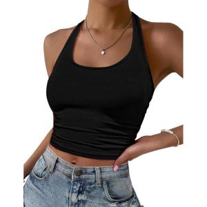 Ekouaer Women Halter Top Backless Scroop Neck Slim Stretchy Ribbed Knit Camisole Crop Tops S-XXL(Black)