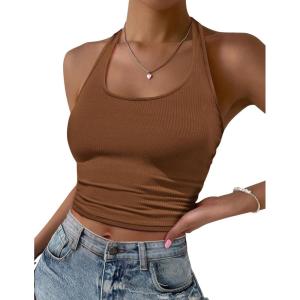 Ekouaer Women Halter Top Backless Scroop Neck Slim Stretchy Ribbed Knit Camisole Crop Tops S-XXL(Brown)