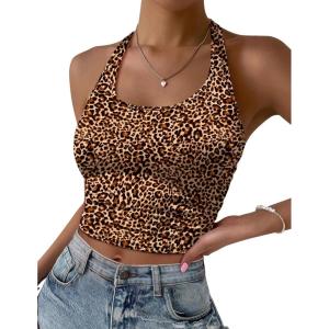 Ekouaer Women Halter Top Backless Scroop Neck Slim Stretchy Ribbed Knit Camisole Crop Tops S-XXL(Brown Leopard)