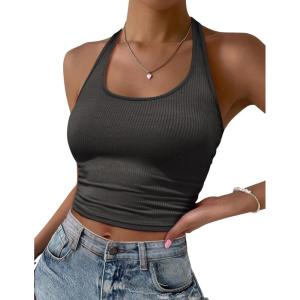 Ekouaer Women Halter Top Backless Scroop Neck Slim Stretchy Ribbed Knit Camisole Crop Tops S-XXL(Dark Gray)