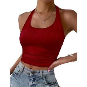 Ekouaer Women Halter Top Backless Scroop Neck Slim Stretchy Ribbed Knit Camisole Crop Tops S-XXL(Deep Red)
