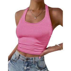 Ekouaer Women Halter Top Backless Scroop Neck Slim Stretchy Ribbed Knit Camisole Crop Tops S-XXL(Hot Pink)