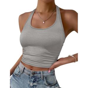 Ekouaer Women Halter Top Backless Scroop Neck Slim Stretchy Ribbed Knit Camisole Crop Tops S-XXL(Light Gray)