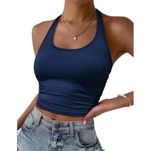 Ekouaer Women Halter Top Backless Scroop Neck Slim Stretchy Ribbed Knit Camisole Crop Tops S-XXL(Navy)
