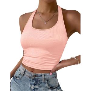 Ekouaer Women Halter Top Backless Scroop Neck Slim Stretchy Ribbed Knit Camisole Crop Tops S-XXL(Pink)