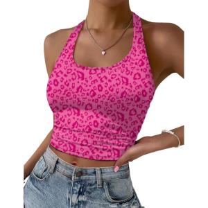 Ekouaer Women Halter Top Backless Scroop Neck Slim Stretchy Ribbed Knit Camisole Crop Tops S-XXL(Pink Leopard)