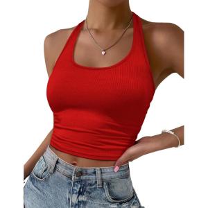 Ekouaer Women Halter Top Backless Scroop Neck Slim Stretchy Ribbed Knit Camisole Crop Tops S-XXL(Red)