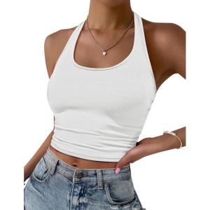 Ekouaer Women Halter Top Backless Scroop Neck Slim Stretchy Ribbed Knit Camisole Crop Tops S-XXL(White)