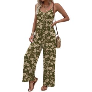 Ekouaer Women Jumpsuits Casual Boho Overalls Sleeveless Spaghetti Strap Long Pants Romper with Pockets(Floral Army Green)