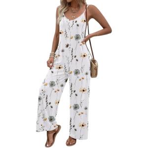 Ekouaer Women Jumpsuits Casual Boho Overalls Sleeveless Spaghetti Strap Long Pants Romper with Pockets(Floral White)
