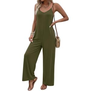 Ekouaer Women Jumpsuits Casual Boho Overalls Sleeveless Spaghetti Strap Long Pants Romper with Pockets(Green)