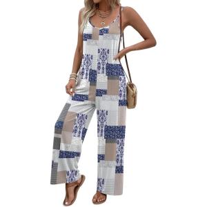 Ekouaer Women Jumpsuits Casual Boho Overalls Sleeveless Spaghetti Strap Long Pants Romper with Pockets(Grey Print)