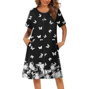 Ekouaer Women Robes Lightweight House Coat Short Sleeve Floral Print Mumu House Dresses with Pockets Zipper Nightgowns(Black White Butterfly)