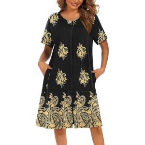 Ekouaer Women Robes Lightweight House Coat Short Sleeve Floral Print Mumu House Dresses with Pockets Zipper Nightgowns(Floral Black Gold)