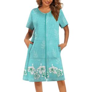 Ekouaer Women Robes Lightweight House Coat Short Sleeve Floral Print Mumu House Dresses with Pockets Zipper Nightgowns(Floral Green)