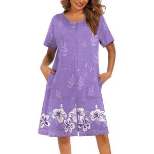 Ekouaer Women Robes Lightweight House Coat Short Sleeve Floral Print Mumu House Dresses with Pockets Zipper Nightgowns(Floral Lilac)