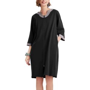 Ekouaer Women Zipper Robe 3/4 Sleeve Nightgowns Lightweight Short Bathrobe with Pockets S-3XL(Black)
