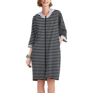 Ekouaer Women Zipper Robe 3/4 Sleeve Nightgowns Lightweight Short Bathrobe with Pockets S-3XL(Black Strips)