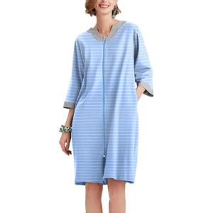 Ekouaer Women Zipper Robe 3/4 Sleeve Nightgowns Lightweight Short Bathrobe with Pockets S-3XL(Blue Strips)