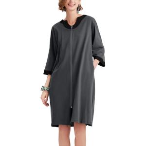 Ekouaer Women Zipper Robe 3/4 Sleeve Nightgowns Lightweight Short Bathrobe with Pockets S-3XL(Dark Gray)