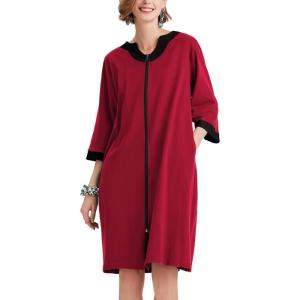 Ekouaer Women Zipper Robe 3/4 Sleeve Nightgowns Lightweight Short Bathrobe with Pockets S-3XL(Dark Red)