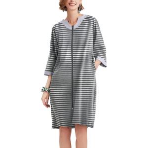 Ekouaer Women Zipper Robe 3/4 Sleeve Nightgowns Lightweight Short Bathrobe with Pockets S-3XL(Grey Strips)