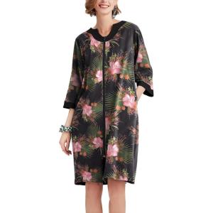Ekouaer Women Zipper Robe 3/4 Sleeve Nightgowns Lightweight Short Bathrobe with Pockets S-3XL(Pink Flower)