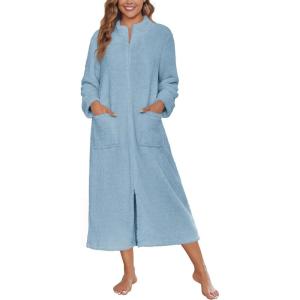 Ekouaer Women Zipper Robe Fleece Long Sleeves Bathrobe Sleepwear Warm Soft Housecoat with Pockets Zip Up House Dresses(Baby Blue)