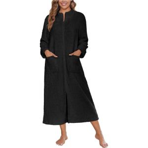 Ekouaer Women Zipper Robe Fleece Long Sleeves Bathrobe Sleepwear Warm Soft Housecoat with Pockets Zip Up House Dresses(Black)