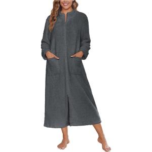 Ekouaer Women Zipper Robe Fleece Long Sleeves Bathrobe Sleepwear Warm Soft Housecoat with Pockets Zip Up House Dresses(Deep Grey)