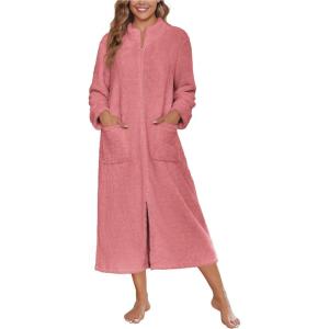 Ekouaer Women Zipper Robe Fleece Long Sleeves Bathrobe Sleepwear Warm Soft Housecoat with Pockets Zip Up House Dresses(Gray Purple)