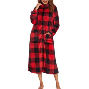 Ekouaer Women Zipper Robe Fleece Long Sleeves Bathrobe Sleepwear Warm Soft Housecoat with Pockets Zip Up House Dresses(K-christmas Plaid)